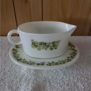 vintage Pyrex Spring Blossom Green gravy boat and underplate set.